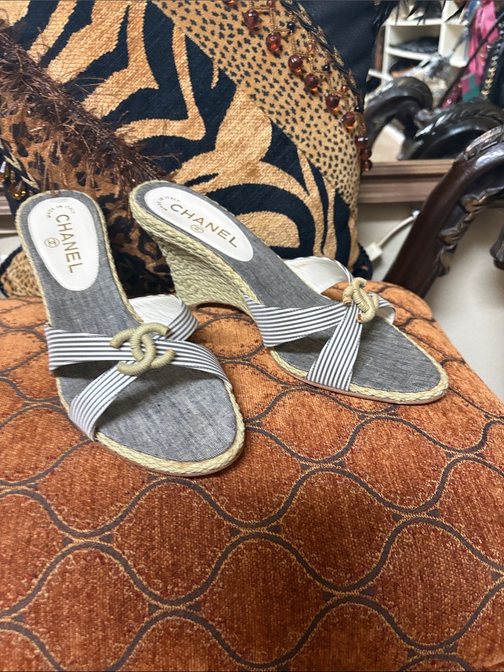CHANEL Gray Striped Espadrille Knot Wedge Sandals